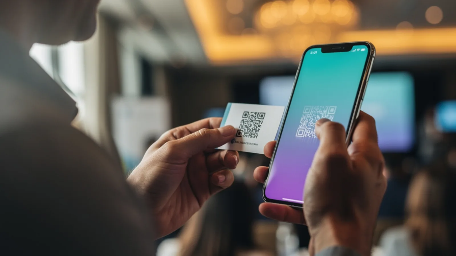 Over-the-shoulder view of someone scanning a business card's QR code with a smartphone at a conference, the phone screen glowing cyan to violet