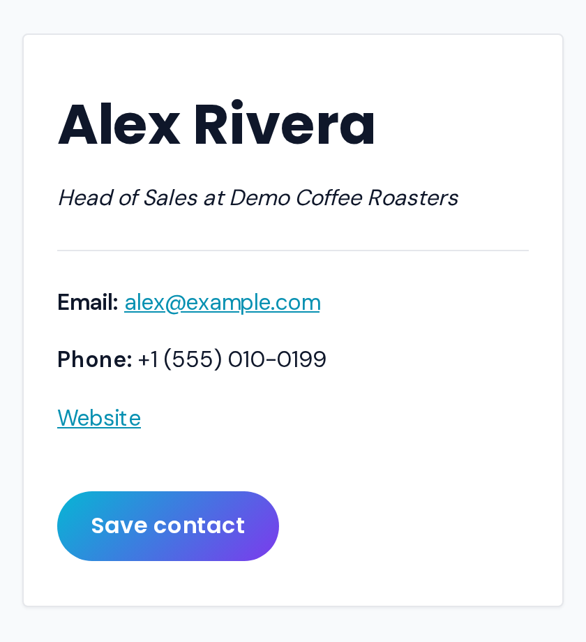A real QRZY hosted page: the Business Card style at go.qrzy.co/p/demo-card