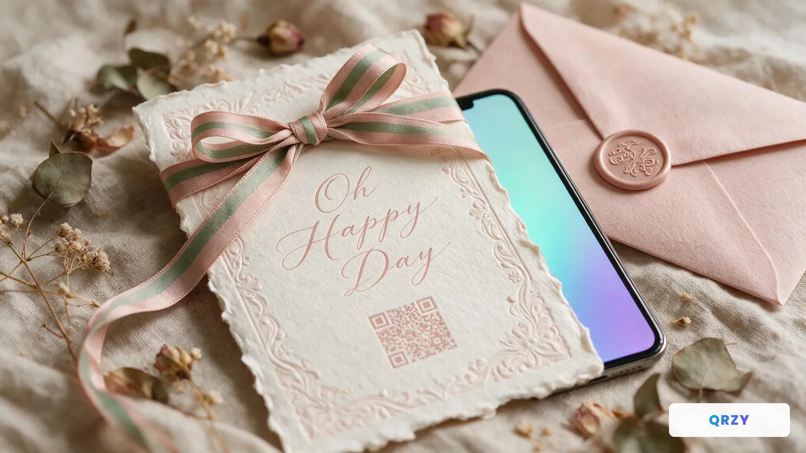 QRZY dynamic QR code for wedding invitations — one code for RSVP, day-of schedule, and thank-you photos