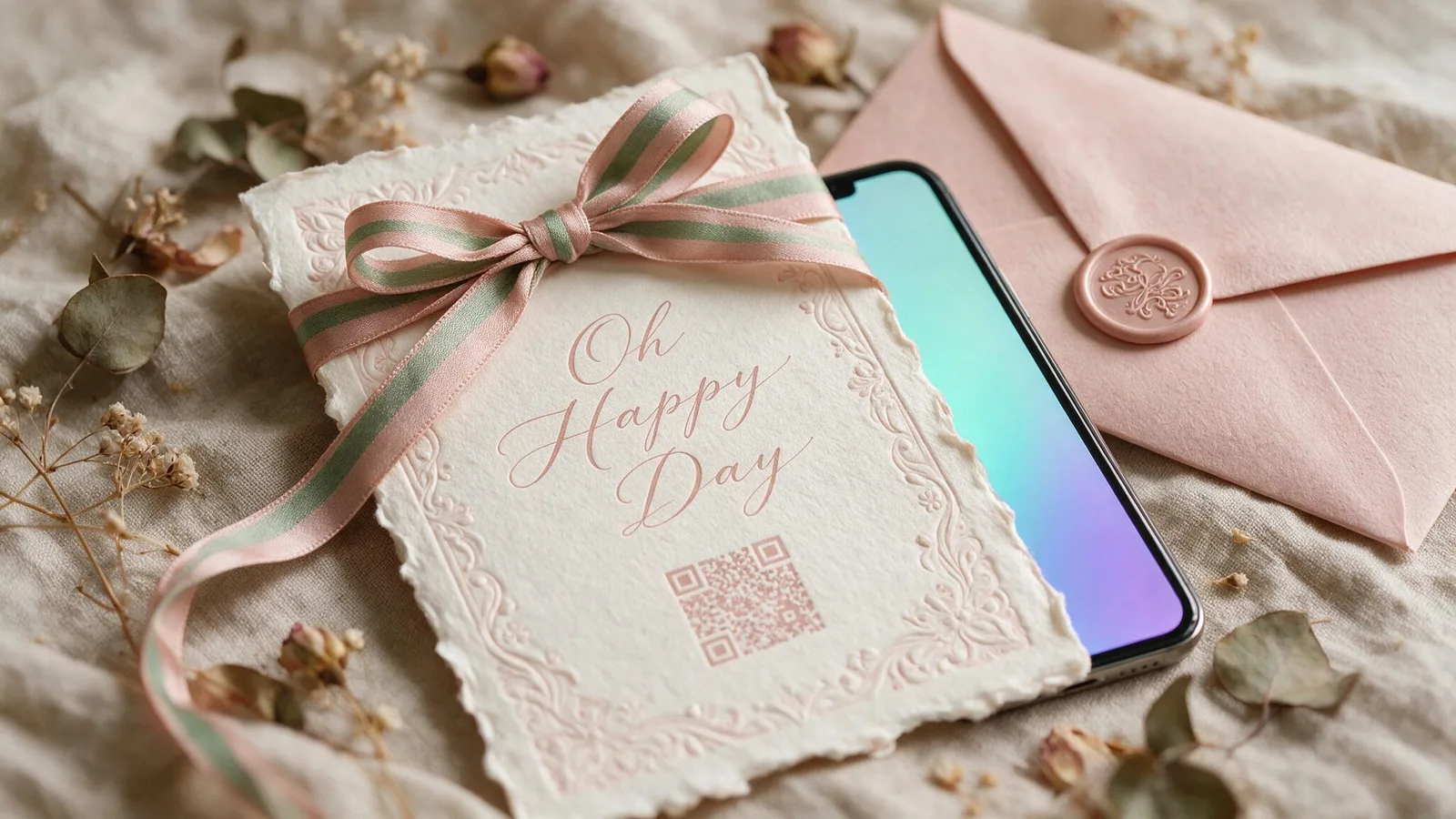 A handmade wedding invitation reading 'Oh Happy Day' in cursive script with a matching dusty-rose QR code printed on the card, tied with a ribbon beside a wax-sealed envelope and a smartphone glowing cyan to violet